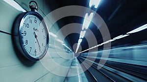 A clock is on a wall in a tunnel