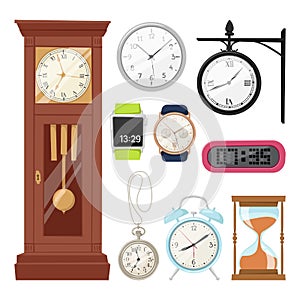 Clock watch alarms vector icons illustration