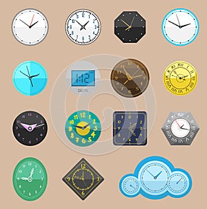 Clock watch different clockwork and clockface or wristwatches clocked in time with hour or minute arrows illustration