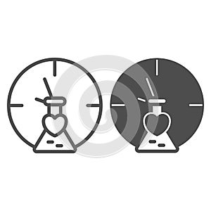 Clock, watch, heart, love potion, test tube line and solid icon, dating concept, timepiece vector sign on white
