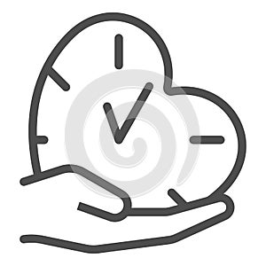 Clock, watch, heart shape, palm, hand, love time line icon, dating concept, timepiece vector sign on white background