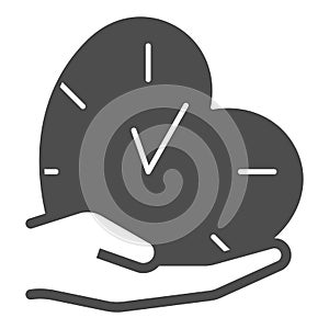 Clock, watch, heart shape, palm, hand, love time solid icon, dating concept, timepiece vector sign on white background