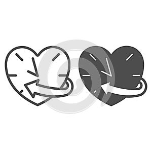 Clock, watch, heart shaped, arrow line and solid icon, dating concept, timepiece vector sign on white background