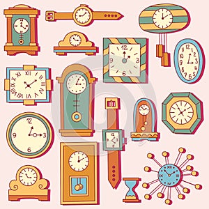 Clock watch icons doodle set