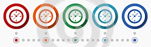 Clock, watch, time concept vector icon set, flat design colorful buttons, infographic template in 5 color options