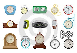 Clock and Watches as Mechanical and Digital Timepiece Showing Time Big Vector Set