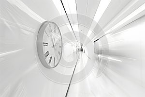Clock in a white hallway expressing the fleeting nature of time photo