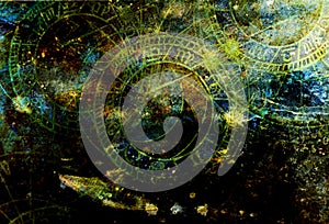 Clock and zodiac collage. Abstract color background.