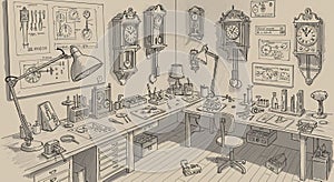 Clockmaker's workshop illustration featuring an array of wall clocks and detailed