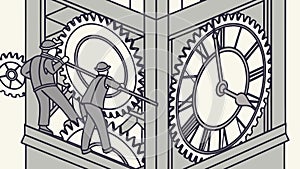 Clockmakers Maintaining Giant Clock Mechanism, Time Precision, vector design Generative AI