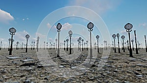 Clocks in dessert area against timelapse clouds, time passing