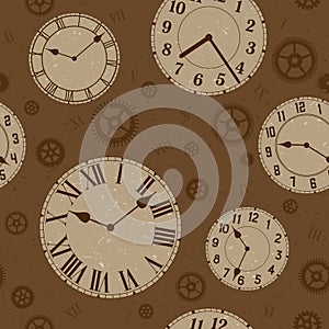 Clocks and gears vector distressed seamless pattern.