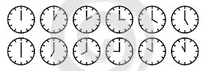 Clocks hands icon. Time sign for every hour. Stopwatch, clock faces set. Evening, morning and noon time. Simple hour