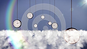 Clocks over clouds in the sky.