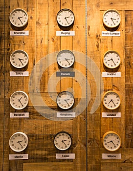 clocks on a wall with time zone of different cities