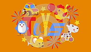 Clockwork bright mechanic children toys shop banner, brochure vector illustration. Mechanical windup cute gifts. Animals