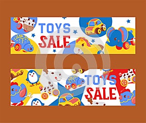 Clockwork bright mechanic children toys shop sale set of banners vector illustration. Mechanical windup cute gifts