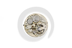 Clockwork details, pinions and wheels macro closeup isolated on white