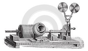 A clockwork gramophone - c, cylinder, m, mouth, vintage engraving