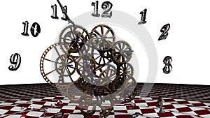 The clockwork has stopped and time is going back. 3D rendering.