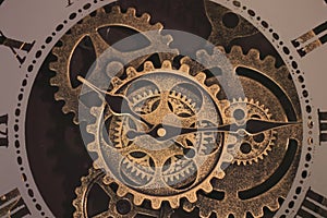 Clockwork interior, with gears and screws. Mechanical structurey
