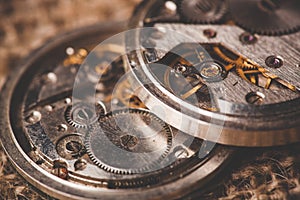 Clockwork old mechanical watch. close up, macro shot