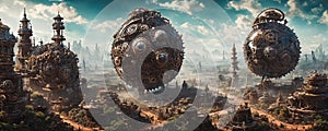 Clockwork Steampunk Planet that blends fantasy and machinery, featuring colossal, intricately detailed clockwork