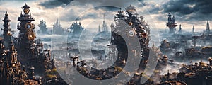 Clockwork Steampunk Planet that blends fantasy and machinery, featuring colossal, intricately detailed clockwork