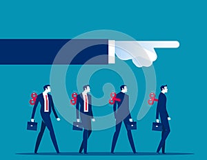 Clockwork toy businesspeople walk in unison as big hand controls their direction. Business vector illustration concept