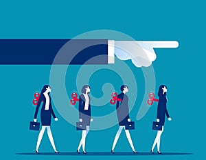 Clockwork toy businesspeople walk in unison as big hand controls their direction. Business vector illustration concept