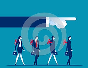 Clockwork toy businesspeople walk in unison as big hand controls their direction. Business vector illustration concept
