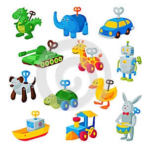 Clockwork toy key vector mechanic playroom toyshop mechanism for kids animal clock work car, train, robot illustration