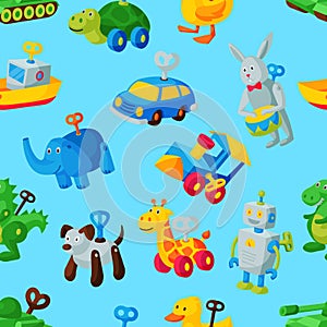 Clockwork toy key vector mechanic playroom toyshop mechanism for kids animal clock work car, train, robot illustration