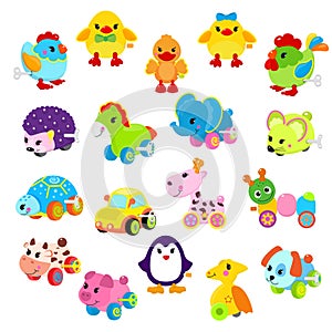 Clockwork toy key vector mechanism mechanic playroom toyshop for kids animal clock work horse, duck, robot, car photo