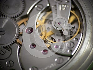 Clockworks mechanism of old vintage watch. macro shot