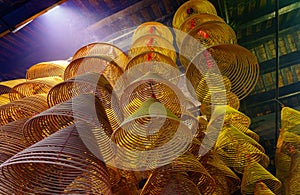 Cloes up shot of many coil style incense in A-Ma Temple