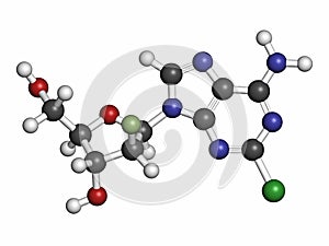 Clofarabine cancer drug molecule (purine nucleoside antimetabolite). Atoms are represented as spheres with conventional color