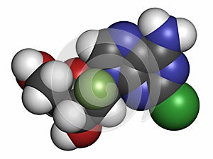 Clofarabine cancer drug molecule (purine nucleoside antimetabolite). Atoms are represented as spheres with conventional color