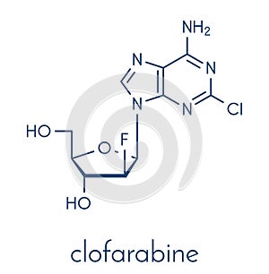 Clofarabine cancer drug molecule purine nucleoside antimetabolite. Skeletal formula.