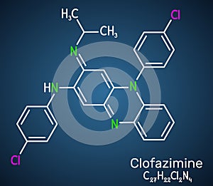 Clofazimine molecule. It is riminophenazine antimycobacterial used to treat leprosy. Structural chemical formula on the dark blue