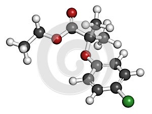 Clofibrate hyperlipidemia drug molecule (fibrate class). 3D rendering. Atoms are represented as spheres with conventional color photo