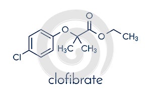 Clofibrate hyperlipidemia drug molecule fibrate class. Skeletal formula. photo