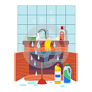 Clogged kitchen sink. Leaking sink with clogged water pipe. Broken water pipe with leakage. Vector illustration of cartoon style.