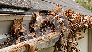 Clogged rain gutter with dry brown leaves overflowing