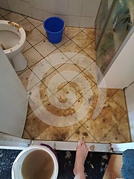 Clogged sewage drain pipe, causing a damage