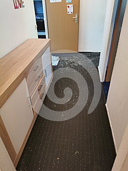 Clogged sewage drain pipe, causing a damage