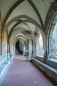 The cloister arches inside the monastery of Saint Benedict in Hronsky Benadik village. Slovakia