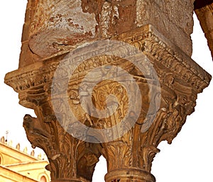 Cloister of the Benedictine monastery in the Cathedral of Monreale in Sicily. General view and details of the columns and capitals