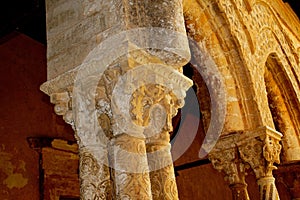 Cloister of the Benedictine monastery in the Cathedral of Monreale in Sicily. General view and details of the columns and capitals