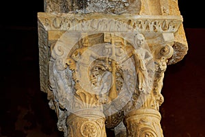 Cloister of the Benedictine monastery in the Cathedral of Monreale in Sicily. General view and details of the columns and capitals